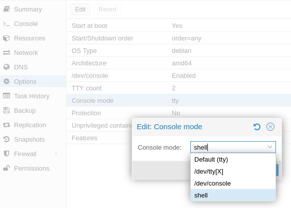 Change LXC setting console mode to `shell`