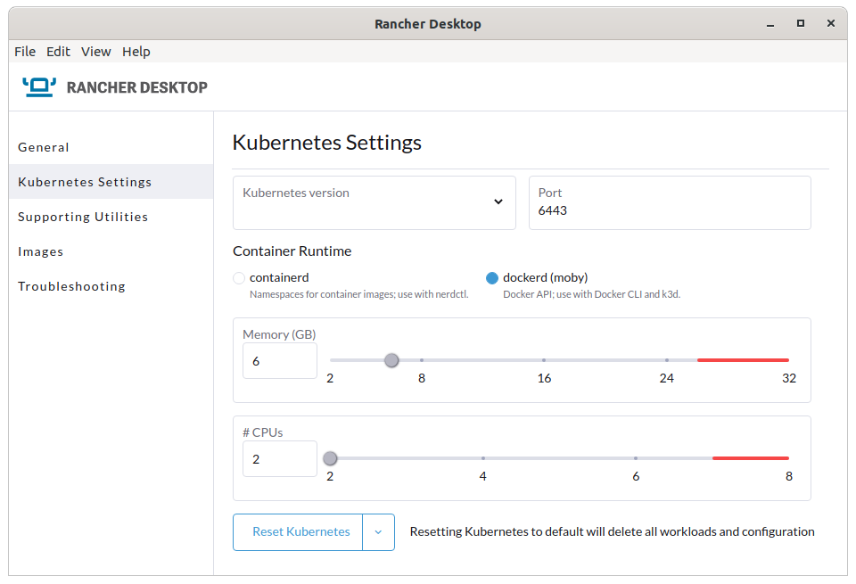 Rancher Desktop - Kubernetes settings - versions